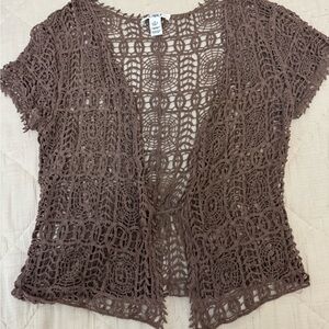Cato Brown Cardigan with Open Front and Lacy Knit Design